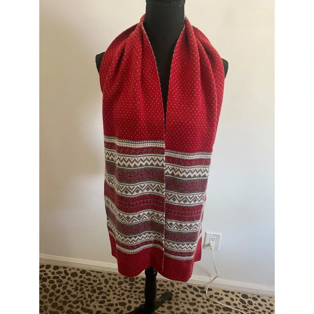 Banana Republic Red Fair Isle Merino Wool Blend Knit Scarf Red Grey White Nordic